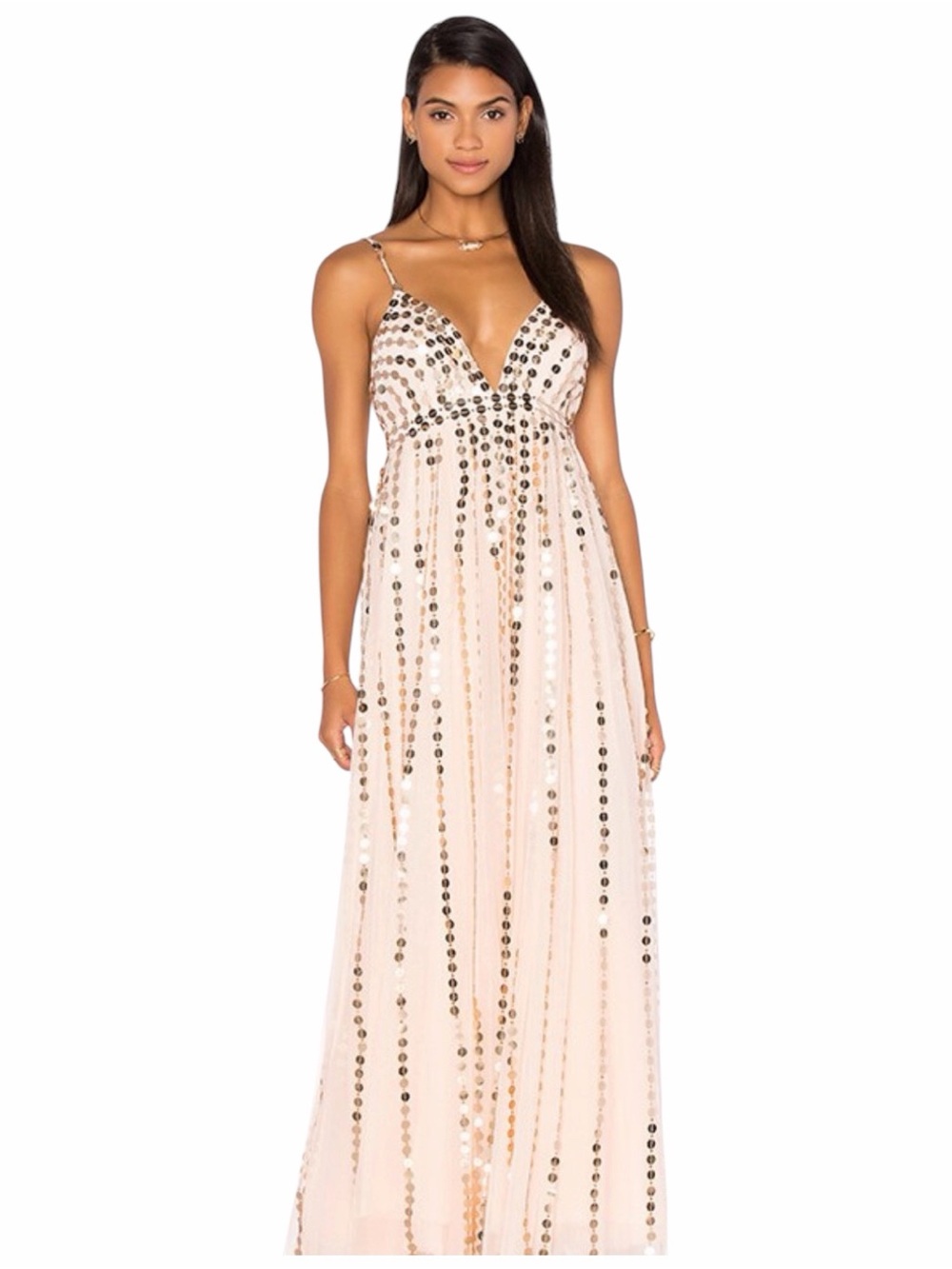 Free People Only In My Dreams Sequin Tulle Sleeveless Maxi Gown Pink Gold